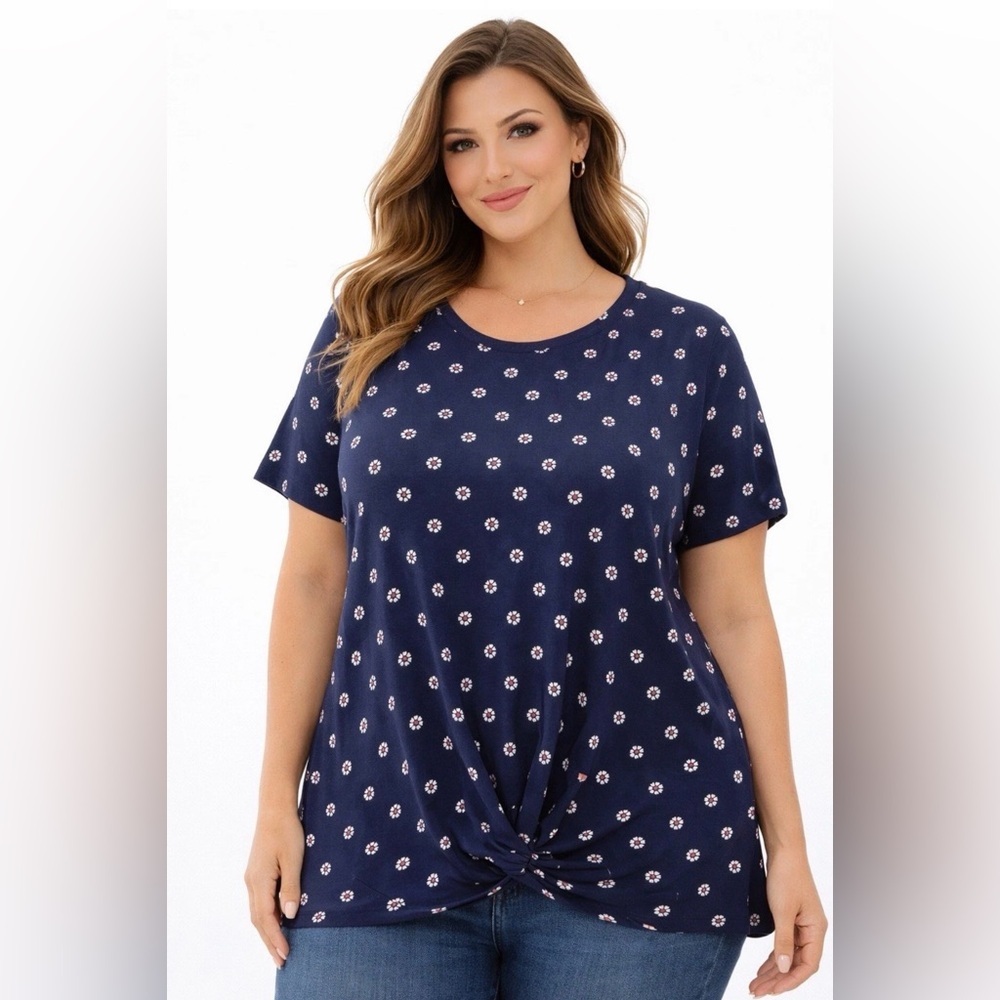 Croft & Barrow Women Navy Floral Short Sleeve‎ Round Neck T-Shirt XL Knot Front